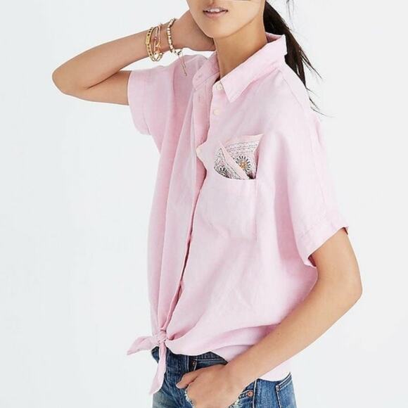 Madewell Pink Linen Short‎ Sleeve Button Up Waist Tie Shirt Size Medium - Picture 1 of 10